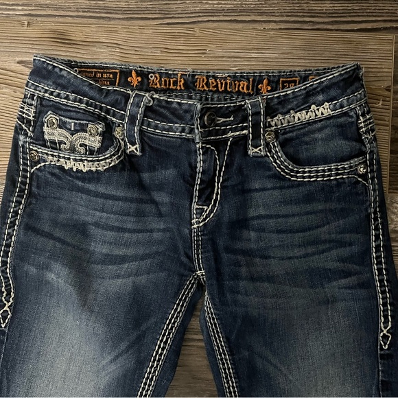 Rock Revival Dark Blue Women’s Jeans with White Stitching - Picture 2 of 12